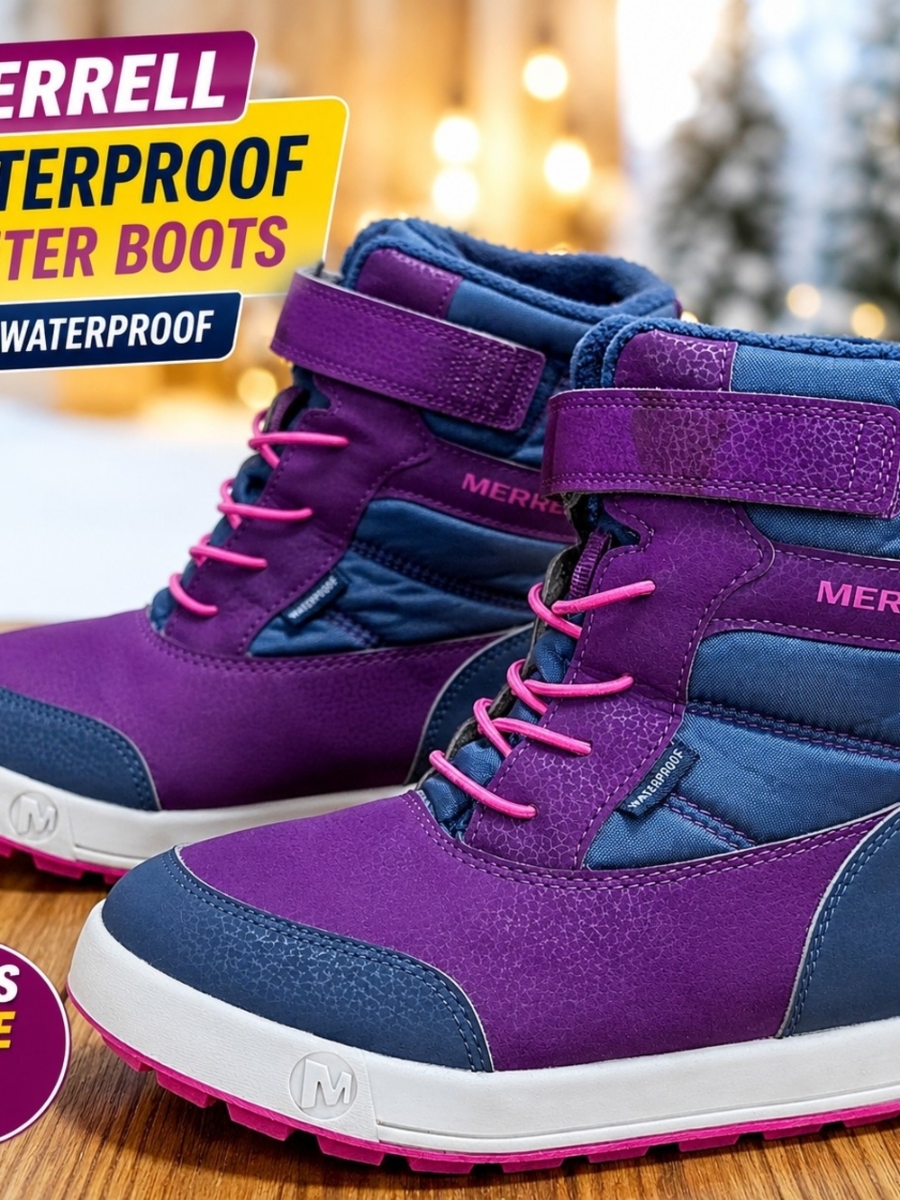 Merrell Kids Waterproof Winter Snow Boots Girls Size 2 Purple Navy Pink EU 33.5